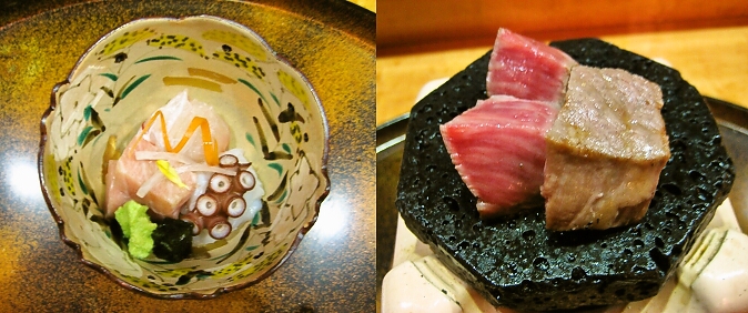瀬戸内産の旬のお造り 黒毛和牛の岩石焼き